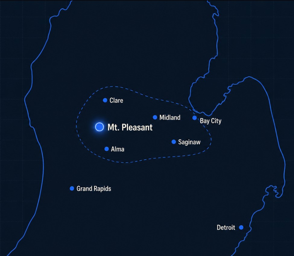 Lawndash Powerwashing service area map – Mt. Pleasant, Clare, Midland, Bay City, Saginaw, Alma, Mid-Michigan