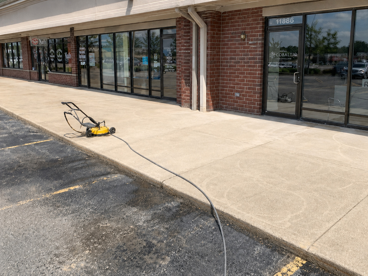 Commercial sidewalk pressure washing with surface cleaner at strip mall